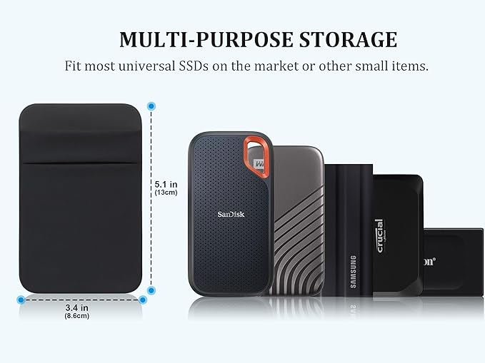 Lacdo Portable Hard Drive Sleeve for Laptop, 2-Pocket Stick on Pouch with Reusable Adhesive, for San Disk, Samsung, Crucial External Solid State Drive SSD Hard Drive Carrying Case Organizer, Black