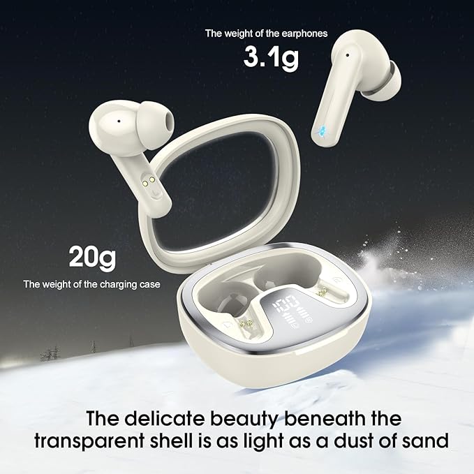 Wireless Earbuds, Bluetooth 5.4 Headphones, HiFi Stereo Bass Ear Buds, in Ear Earbuds with 4 ENC Noise Cancelling Mic, 45H, LED Display, IP7 Waterproof, Earphones for Android/iOS Sports, Off-White