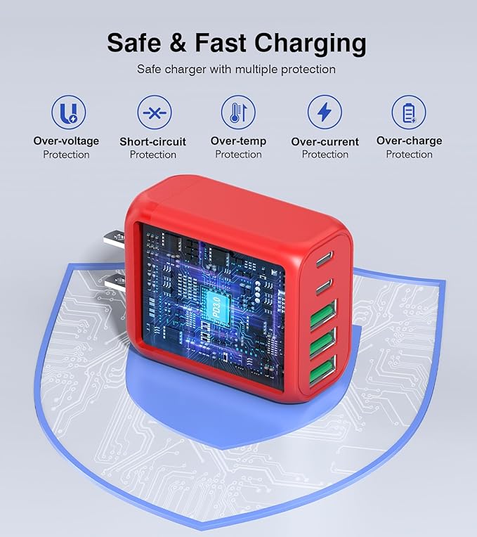 50W USB C Wall Charger, 2Pack 5-Port C Charger Fast Charging Block PD Power Adapter +QC 3.0 Multiport Type C Box Brick Cube USB A Wall Plug for iPhone 14/15/16/17 Pro Max, iPad,Samsung Galaxy(Red)