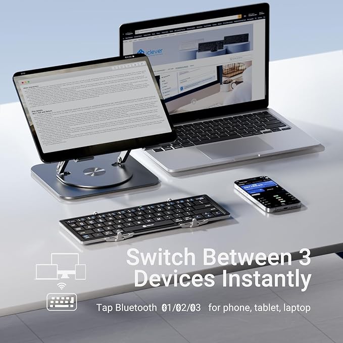 iClever Foldable Bluetooth Keyboard, Ultra-Slim Metal Keyboard with USB-C Charging, Tri-Folding Design for Laptop, iPad, iPhone, Tablet - Sync 3 Devices, Portable & Space-Saving