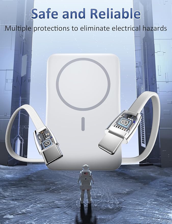 Magnetic Portable Charger, 10000mAh Power Bank, 5 in 1 Portable Charger with Built in Cable, 20W Fast Charging for Magsafe Battery Pack Compatible with iPhone 16/15/14/13 Pro/Pro Max, Samsung Series