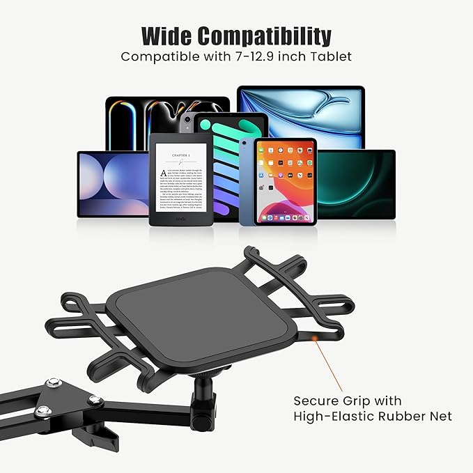 Tablet Floor Stand,Universal Metal Tablet Holder,Overhead Bed Mount Height Angle Adjustable Stand, 360° Rotation Floor Holder for iPad, Kindle, Tab,Phones, E-Readers(7-12.9 Inch)