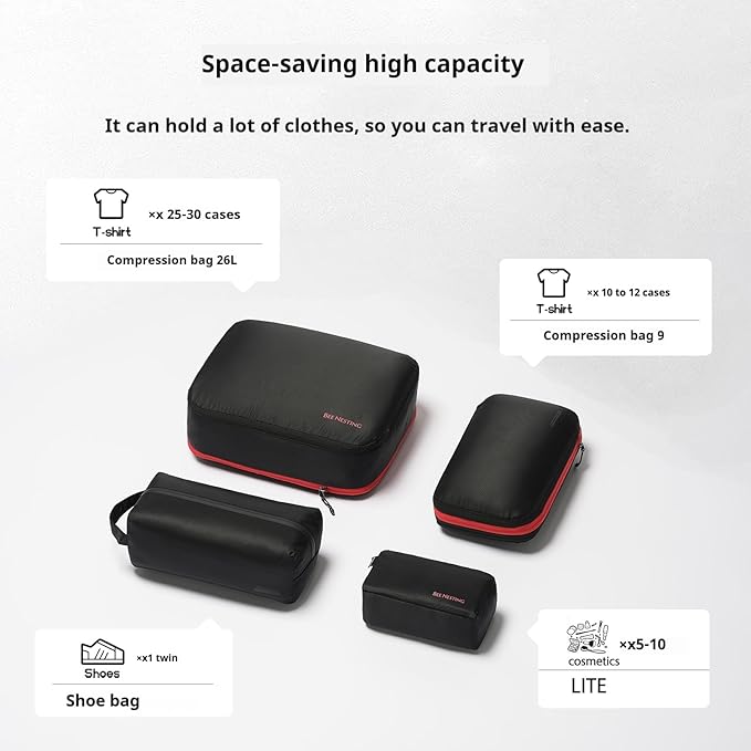 Bee Nesting BeeNesting Waterproof Compression Packing Cubes 5/6/8 sets, Large Travel Packing organizers for Carry on Luggage, 2 Sides Expandable Storage Bags (Black Gray, S+M+XL+Lite)