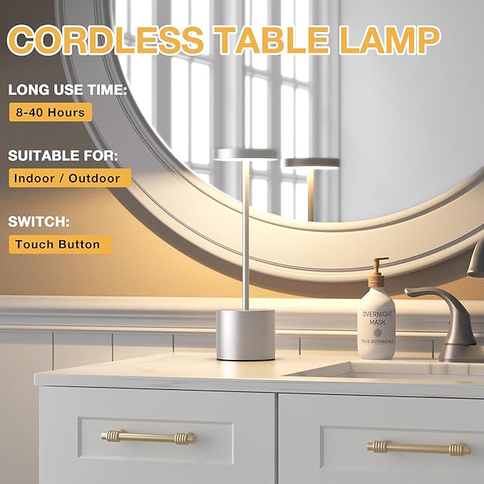 Kakanuo Silver Gray Cordless Lamp Set, Rechargeable Lamp, 3 Color Temperature, LED Outdoor Wireless Lamps, Battery Operated Lamps, Stepless Dimmable, Touch Control