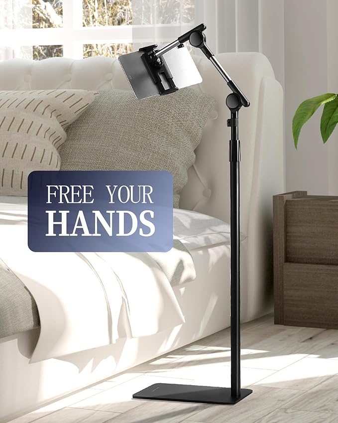 SHUWEI Tablet Floor Stand with Double Self-Locking Worm Gears, 63”Height Adjustable iPad Floor Stand with 7.5lb Stable Base, Compatible with 4.7-15.6'' iPad, Kindle, Phone, Portable Monitor, Black