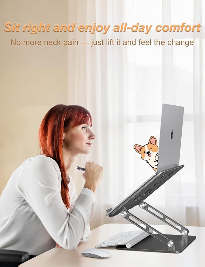 Laptop Stand for Desk – Adjustable Portable Laptop Riser, Aluminum Laptop Holder Compatible with MacBook Air Pro, Dell, HP, Lenovo (10"-17.3"), Featuring Unique Puppy Panel Design, Gray
