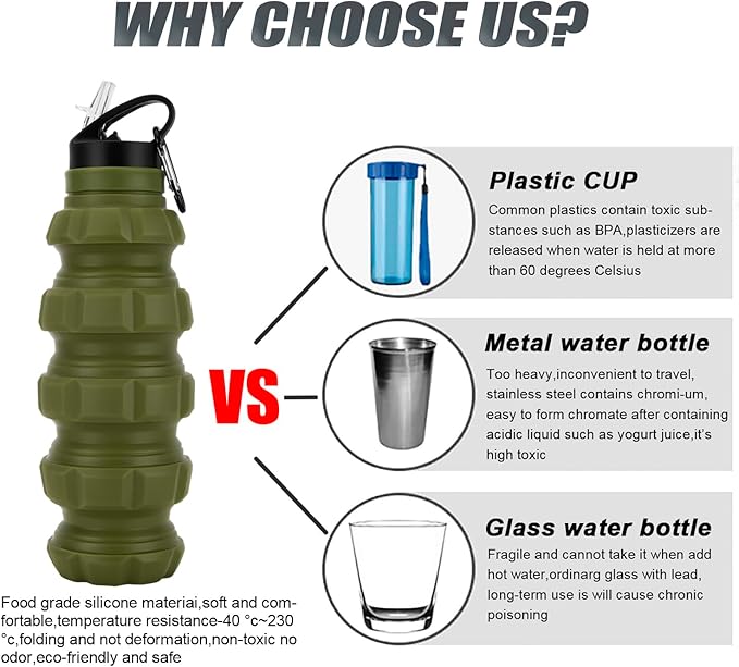 QiCheng&LYS Collapsible Water Bottle Sports Bottle 19.5OZ/580ml Travel Water Bottle for men women kids. BPA Free Food Grade Silicone. (Army green)