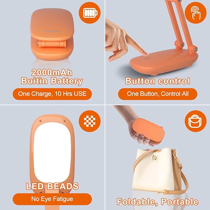 LED Desk Lamp for Office Home & Battery Operated Lamp Rechargeable Lamp Foldable & Portable Light, [2-Fold Bracket] 3 Brightness Dimmable Small Desk Lamp Wireless Reading Lamp (Orange)