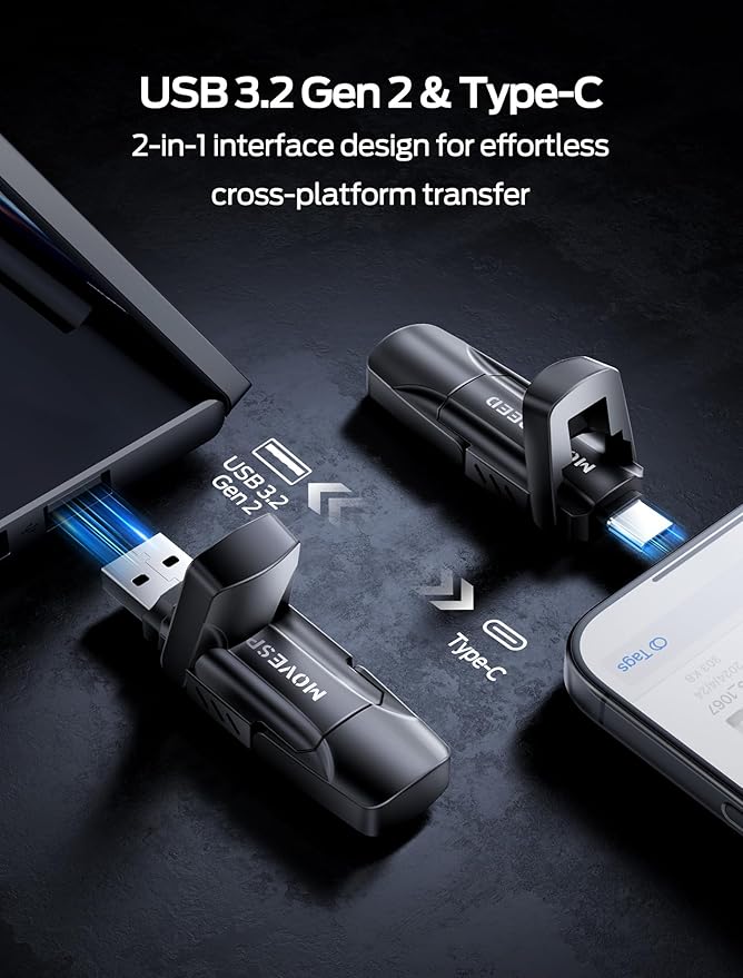 MOVE SPEED 256GB Solid State Drives, 570MB/s Read Speed External SSD with Dual Port Type C + USB 3.2 Portable SSD for iPhone 17/16/15 Series, Android, Mac, Windows