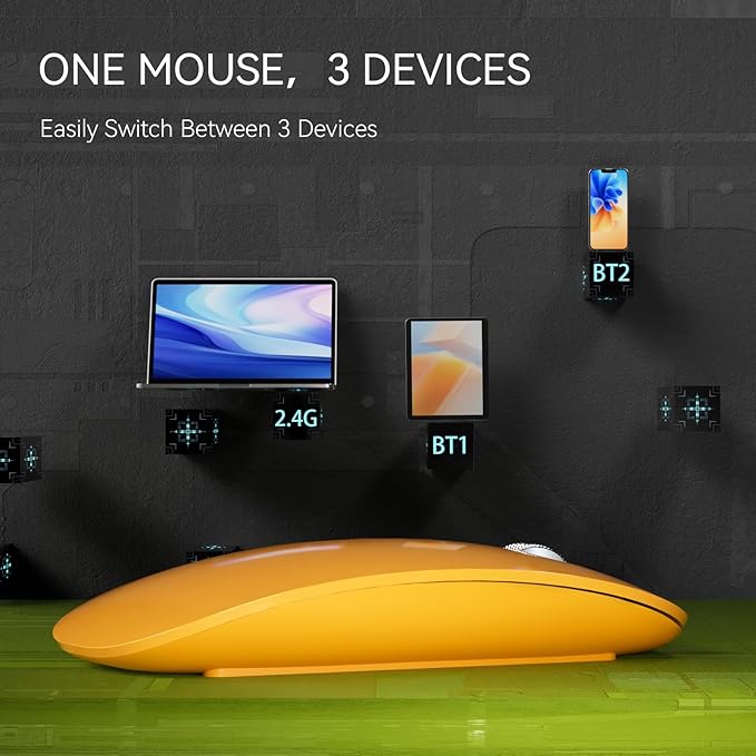 TENMOS M18 Bluetooth Mouse, USB C Rechargeable Wireless Mouse, Triple Mode (Dual Bluetooth+USB) Computer Silent Mice Portable with USB Receiver and Type C Adapter for Laptop/MacBook/iPad/PC - Orange