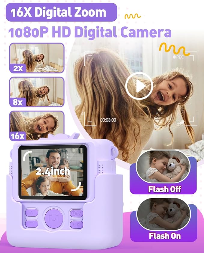 Kids Camera Instant Print Gifts for Girls Age 4-12, Instant Camera for Kids with Silicone Cover, 1080P Kids Digital Camera Toys for 3 4 5 6 7 8 9 10 Years Old Girls 32GB Card Lilac