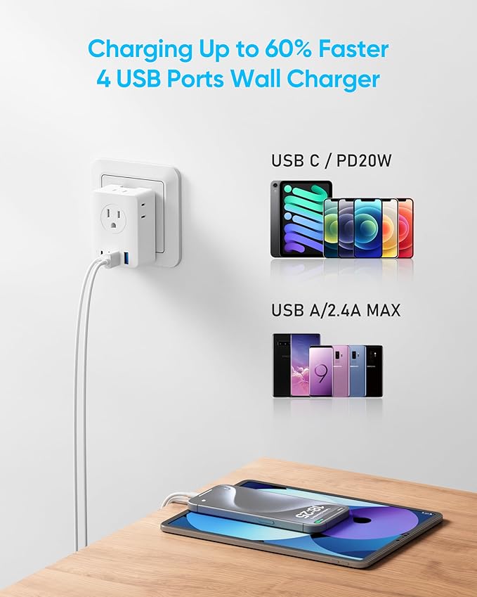 European Travel Plug Adapter Kit, 5ft Detachable Extension Cord with Type C/G/E/F Plug, 4 AC Outlets, 20W USB C Power Delivery, UK Germay France Greece Travel Plug Adapter