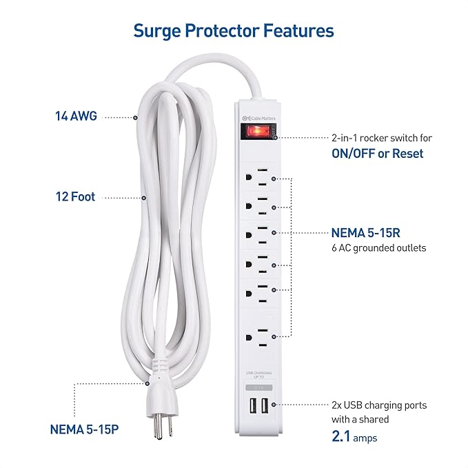 [ETL Listed] Cable Matters 2-Pack 6-Outlet Surge Protector Power Strip with USB Ports - 12ft, Long Extension Cord, Surge Protector with USB Ports, White