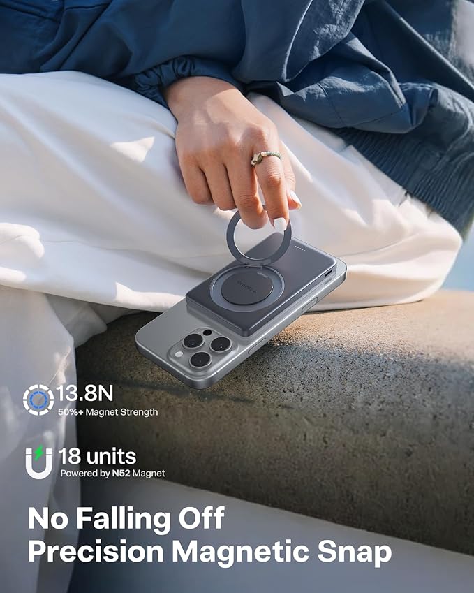 TORRAS Ostand MiniMag Power Bank, 5,000mAh Ultra Slim Magnetic Portable Charger with Stand, Fast Charging for iPhone Air Wireless Mag-Safe Battery Pack for iPhone 17/17 Pro/17 Pro Max/16/15/14, Gray