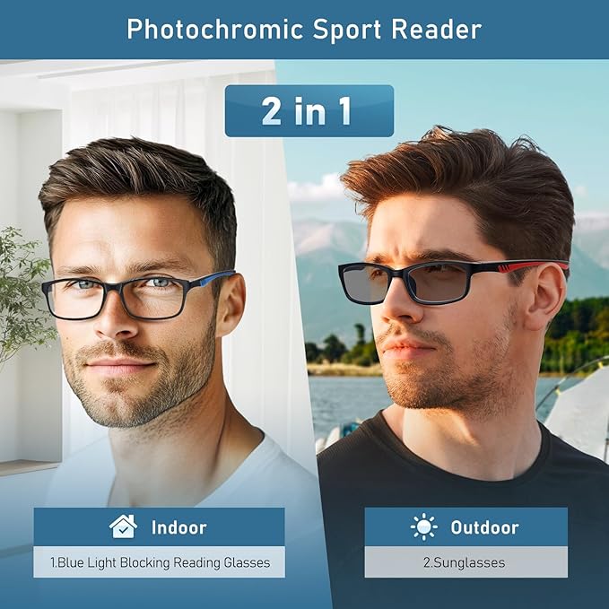 Sport Reading Glasses Men Photochromic Lens Blue Light Blocking Computer Reader Wide Style Spring Hinge Eyeglass LK6082