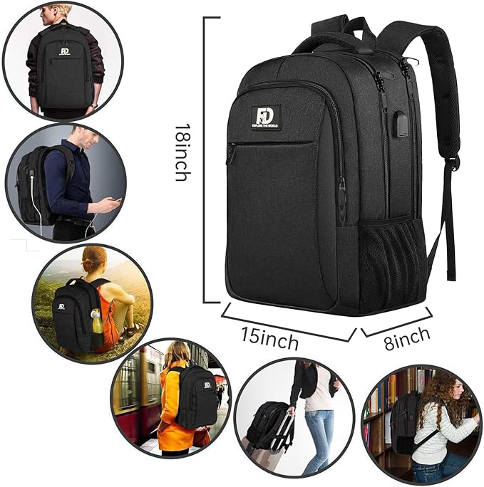 Large Travel Laptop Backpack, Business Anti Theft Slim Sturdy 18 Inch Laptop Backpack with USB Charging Port, Waterproof College Computer Bag Gift for Mens & Women Backpack, Black