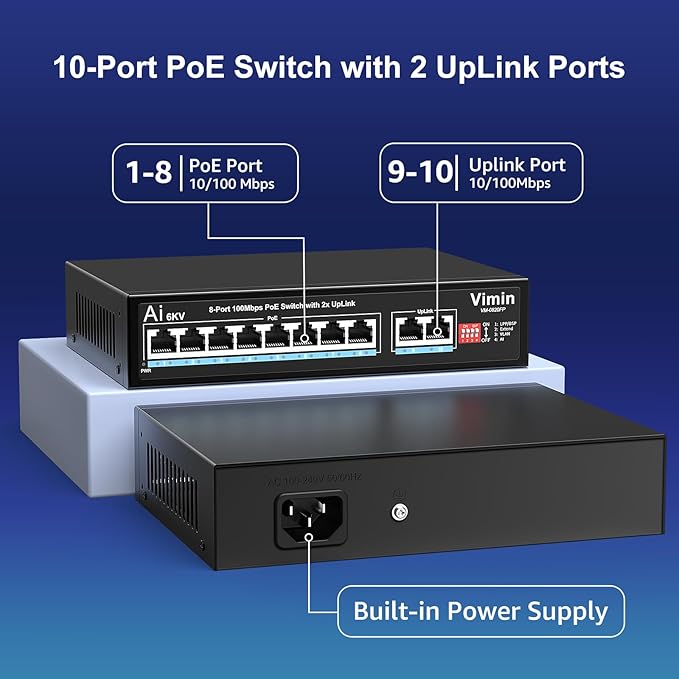 VIMIN 10-Port PoE Fast Ethernet Switch - 8 Port Unmanaged 10/100Mbps Network Switch with 2 Uplink, VLAN, Extend 250m, Support IEEE802.3af/at, 120W PoE Power, Plug & Play