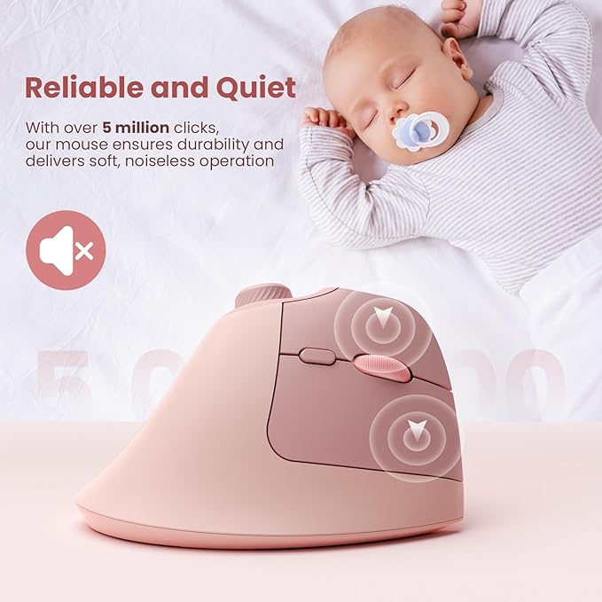 seenda Ergonomic Mouse Rechargeable, USB+Dual Bluetooth, MOU-302 Vertical Wireless Mouse with Volume Knob, Quiet Clicks, Multi-Device Cordless Mice Compatible for Windows, PC, Laptop, Mac OS, Pink