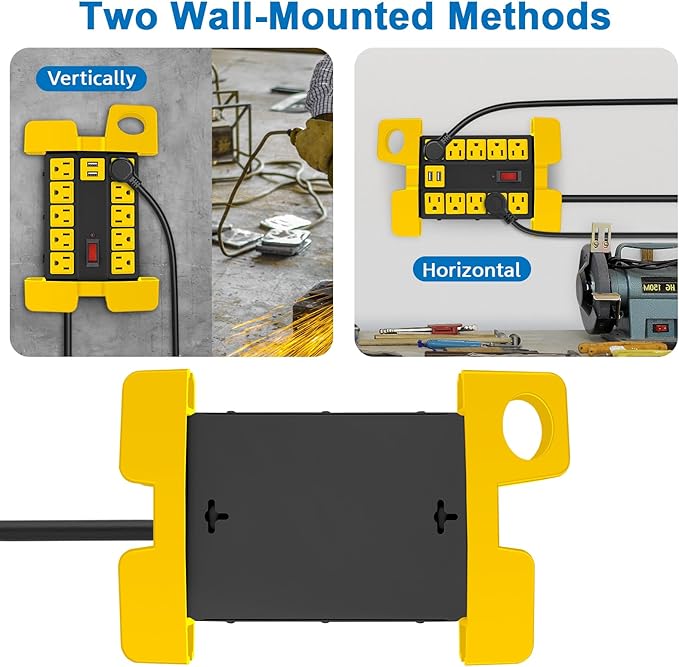 CCCEI Heavy Duty Power Strip with USB Ports, Garage 10 Outlets Surge Protector 2700 Joules, Industrial Workshop Metal 15Amp Multiple Outlets, 10 FT Extension Cord and Wide Spaced Black