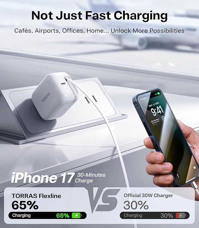 TORRAS FlexLine 40W for iPhone 17 Charger, Fast Charging Retractable USB C Charger Block with Cable, Dual-Port GaN Ⅲ Type C Adapter for iPhone 16 Pro Max/iPhone 16/iPhone 15 with Foldable Plug