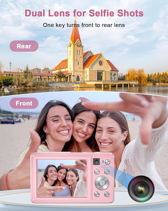 Digital Camera, 4K 64MP Cameras for Photography, Small Compact Point and Shoot Digital Camera with Auto Focus, Dual Camera, Flash, 16X Zoom, 32GB Card, Vlogging Camera for Teens,Boys, Girls