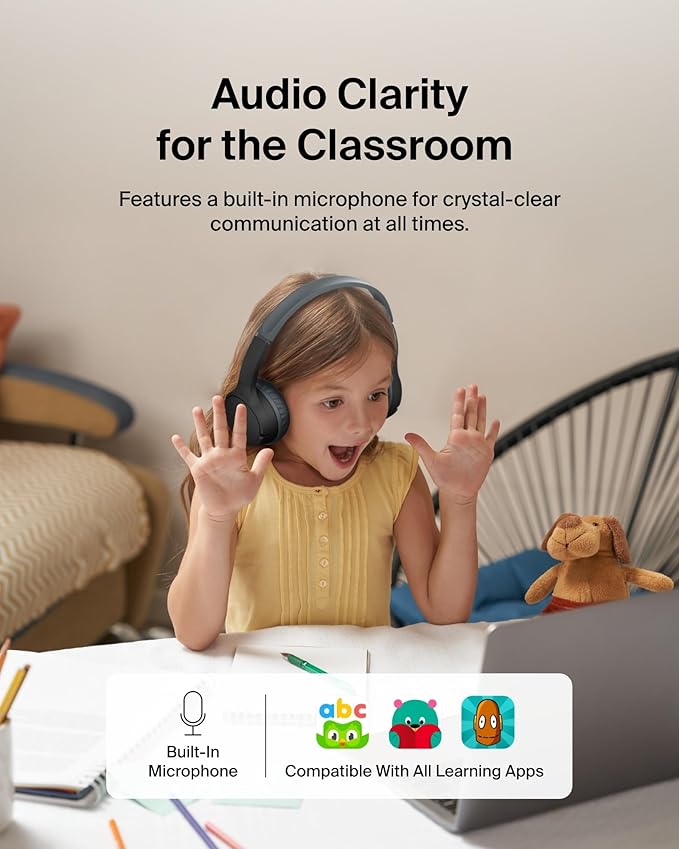 Belkin SoundForm Mini Kids Wireless Headphones w/Built-in Microphone, 30H of Playback Time, & Fun Stickers - Over-Ear Headsets for Online Learning, School, Travel, iPhone, iPad, Galaxy & More - Black
