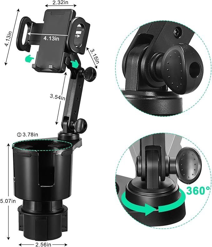 This Hill Car Cup Holder Expander Adjustable Base with Phone Mount 360° Rotation Cup Holder Cell Phone Holder for Car Compatible with iPhone All Smartphones