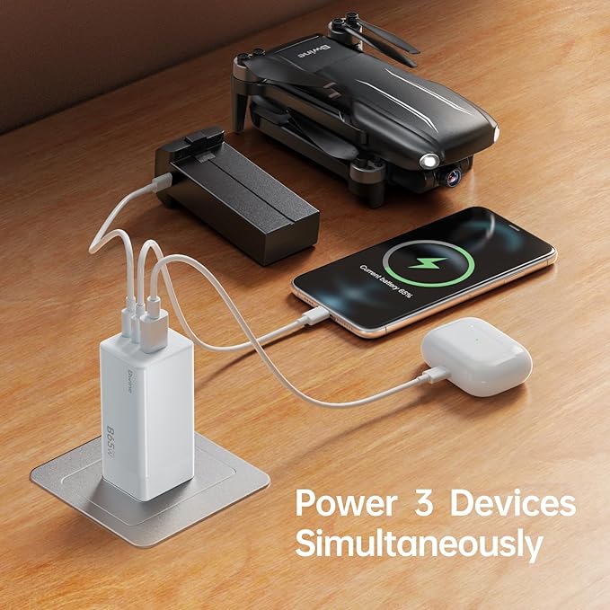 Bwine 65W USB C Charger, 3-Port GaN Wall Charger with 4 ft USB-C Cable Cord, Compatible with Drone, iPhone 17/Pro,Galaxy S24,Note 20/10+, iPad and More,White