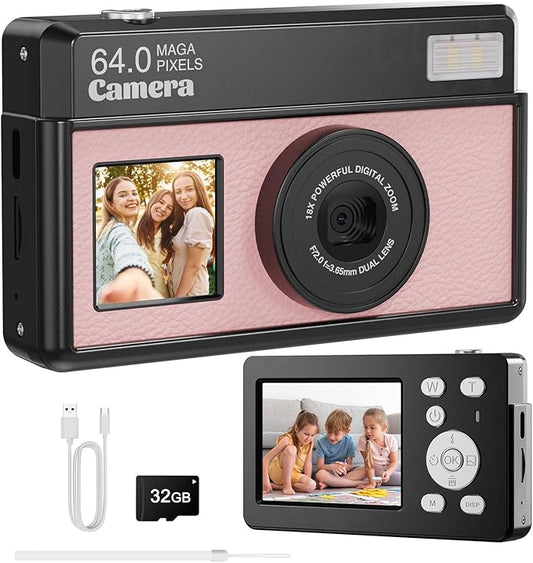 Digital Camera for Photography and Video, FHD 4K Kids Camera 64MP Point and Shoot Digital Vlogging Cameras with 32GB SD Card for Beginners Teen Girls Boys Gifts