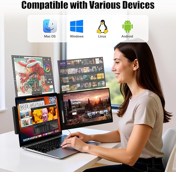 Laptop Screen Extender 14 inch Laptop Monitor Extender 1080P IPS, 280° Rotation Portable Monitor for Laptops 13-17.3" with USB-C DP/HDMI Port, Plug-Play Dual Screen for Windows/Mac/Chrome/Android