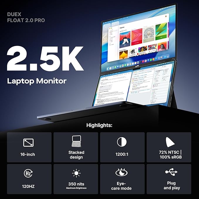 New Mobile Pixels Duex Float 2.0 Pro 2.5 K Portable Monitor, 16" Laptop Screen Extender (Built-in Kickstand), USB C/HDMI Stacked Monitor Extender with Dual Speakers, Windows, MacOS, Switch, Android