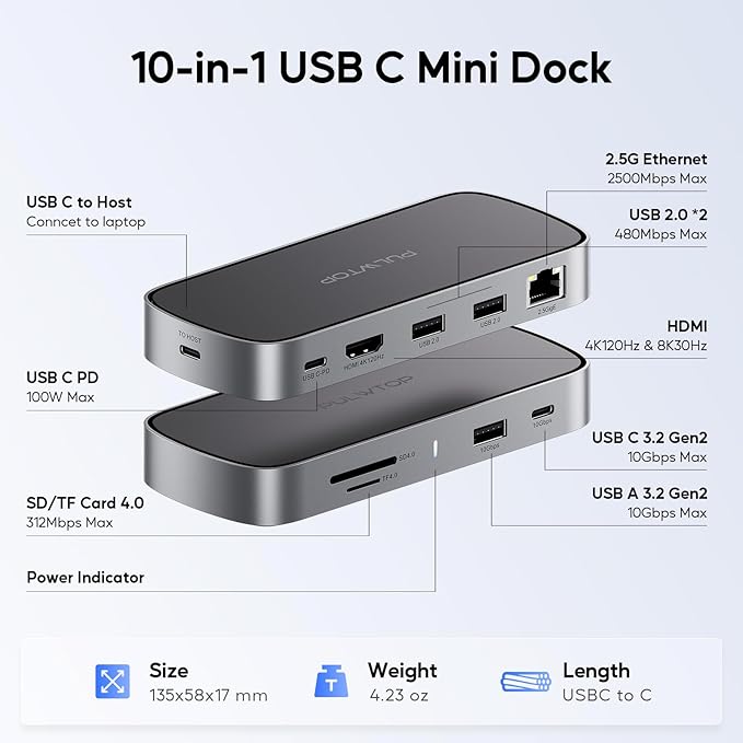 Laptop Docking Station, 9 in 1 USB C Mini Dock with 4K@120Hz/8K@30Hz HDMI, 2.5G LAN, 100W PD, USB A/C 10Gbps, SD/TF 4.0, USB C Hub Compatible with Thunderbolt 3/4 and Full-Type-C Laptops