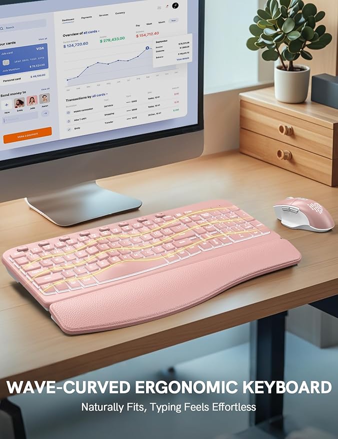 SABLUTE Ergonomic Wireless Keyboard and Mouse Combo - Wave Keyboard with Soft Leather Wrist Rest, Resistant Keys, RGB Backlit Rechargeable Set for PC/Mac/Chromebook (Pink)