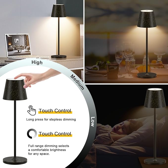Ralbay IP54 Aluminum Cordless Rechargeable Table Lamp LED Modern Battery Operated 4800mAh Waterproof Portable Stepless Dimmable Desk Lamp for Restaurant/Bedroom/Camping/Outdoor (Black Brush Gold)