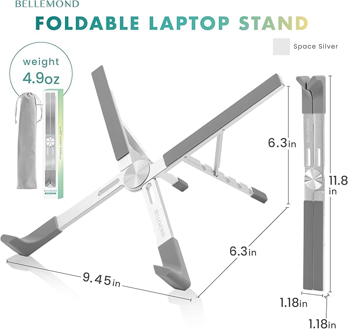 BELLEMOND Laptop Stand | Foldable & Adjustable Aluminum Riser | Ventilated X-Frame Japanese Design | Fits MacBook Pro/Air, Dell, HP, Lenovo & 10–17.3” Laptops | Portable & Lightweight | Space Silver