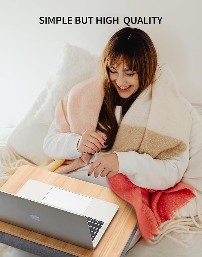 Lap Desk with Pillow Cushion, Portable Laptop Bed Desk, Fits up to 15.6 inch Laptop, Lap Stand for Bed & Couch & Carpet, Book Tablet/Drawing Board - Light Brown Wood