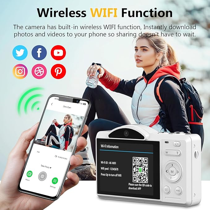 Digital Camera for Photography - WiFi 4K 75MP Vlogging Cameras for YouTube, Touchscreen Autofocus Point and Shoot Digital Camera for Teens Adult Beginner with 16X Zoom, 32GB Card, 2 Batteries(White)