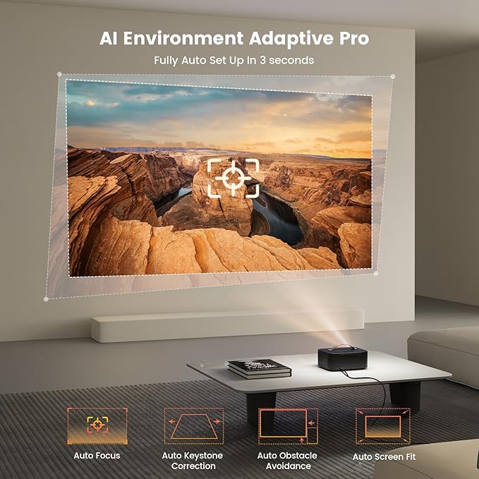 [1200 ANSI/Auto Focus/Built-in APPs] Outdoor-Projector-4K with Wifi6 and Bluetooth, Smart TV OS & DoIby, Portable Projector with Netflix/YouTube/PrimeVideo, ONOAYO 1080P Proyector with 300 ''Display