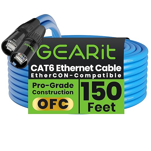 GEARit Shielded CAT6 Ethercon Cable (150 Feet) Professional Audio & Lighting RJ45 EtherCON-Compatible Cable for Studio, Stage, Concerts - 150ft Blue