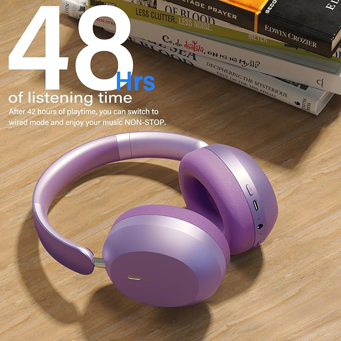 Wentronic Y05 Bluetooth Headphones Wireless Over Ear Noise Cancelling with Microphone 48 Hours Playtime, High Sound Quality Foldable Soft Earpads Earphones for Travel-Purple