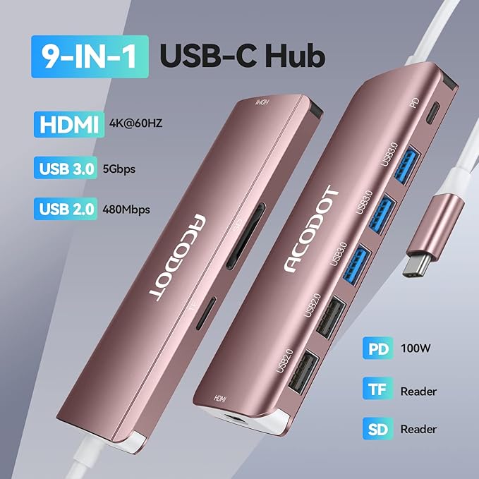 Acodot 9 in 1 USB C to 4K@60HZ HDMI Multiport Adapter, 3 USB 3.0 Ports, SD/TF Card Reader, 100W PD, Designed for MacBook Pro Air HP XPS etc, Rose Gold