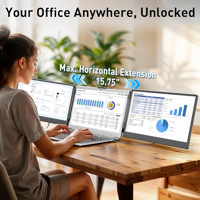 KEFEYA Laptop Screen Extender, 14.2" Portable Triple Monitor for Laptop with Full HD IPS Display, Monitor Extender Compatible with Mac, Windows, Chrome, Fits 13-17 Inch Laptops