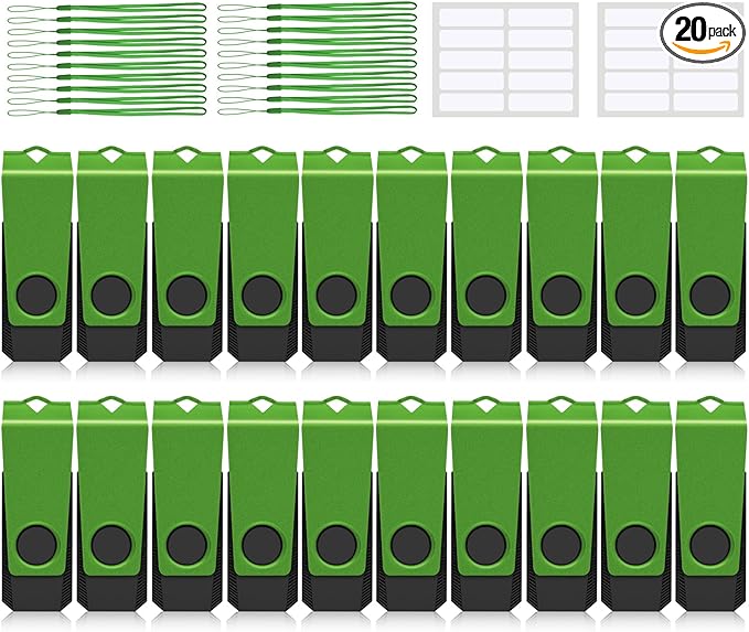 128MB USB Flash Drive 20 Pack AGECASH USB 2.0 Thumb Flash Drives Bulk Green Swivel 128MB USB Memory Stick Zip Jump Drive Multipack Pendrive with Labels & Lanyards