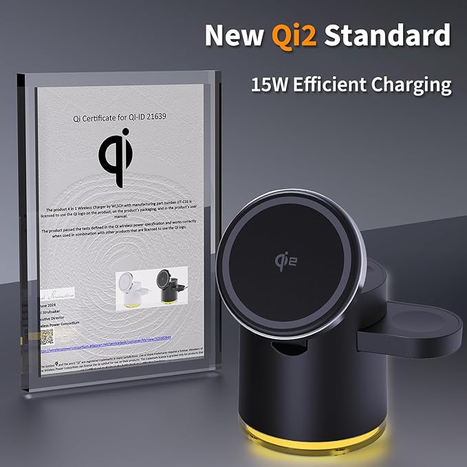 3 in 1 Wireless Charging Station,Qi2 Certified 15W Magnetic Wieless Charger with Night Light,for iPhone 12-17 Series,Apple Watch,Airpods (Black)