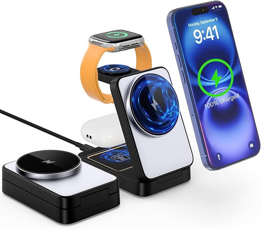 3 in 1 Wireless Charger Station for Multiple Apple Devices,Portable Magnetic Charging Foldable Stand for iPhone 16 15 14 13 12 11 ProMax/Airpods/Fast Travel Charger with MagSafe for Apple Watch Series