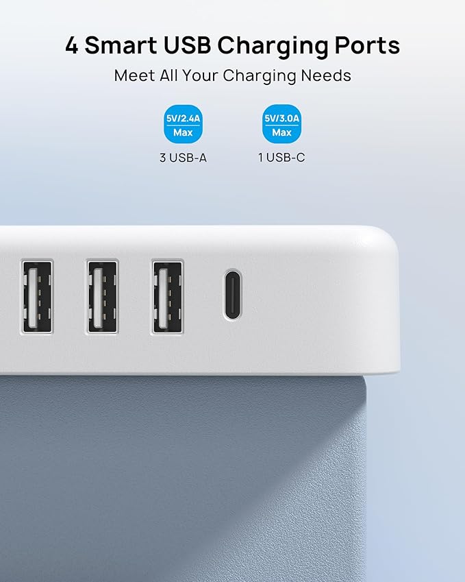 TROND Surge Protector Power Strip with USB Ports, 10ft Flat Plug Extension Cord with Multiple Outlets, 1440J, Wall Mount for Home Office Dorm Room Essentials, White