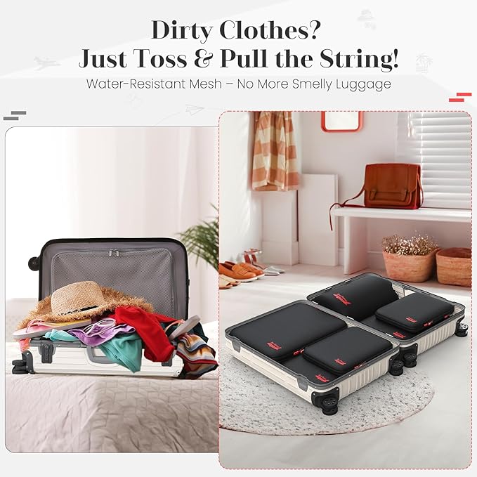 6 Set Compression Packing Cubes for Travel, 3 Sizes (5+1) for Carry-On Travel, Waterproof Compression Packing Cubes Set with Laundry Bag & Luggage Organizer (Black)