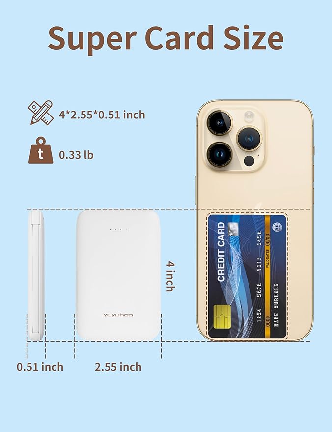 Power Bank, Slimmest 5000mAh Portable Charger with Built in USB-C Cables, USB C in&Out Charging Battery Pack, External Phone Powerbank Compatible with iPhone, Android, White