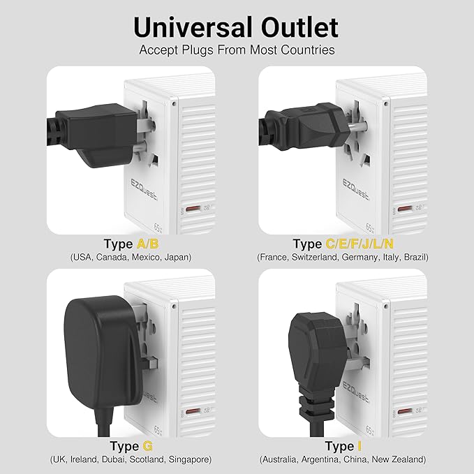EZQuest WorldTravel 65W GaN 5-Port Wall Charger - Compact Universal Travel Adapter with 4 Plug Types (US/UK/EU/AU) for 200+ Countries - 4X USB-C & 1x USB-A Ports, PD Fast Charging - White