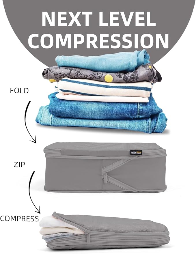 6 Set Compression Packing Cubes, Suitcase Storage Bags for Clothes and Travel Essentials (Silver Gray)